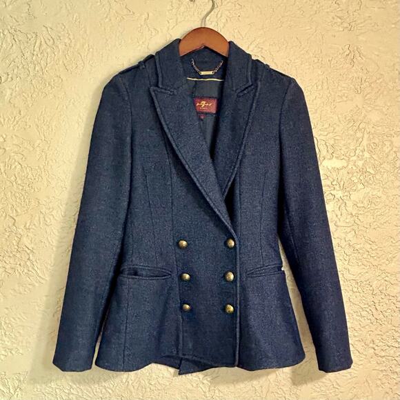 7 For All Mankind XS Wool Blend Blue Double Breasted Button Down Blazer Jacket - Picture 5 of 16